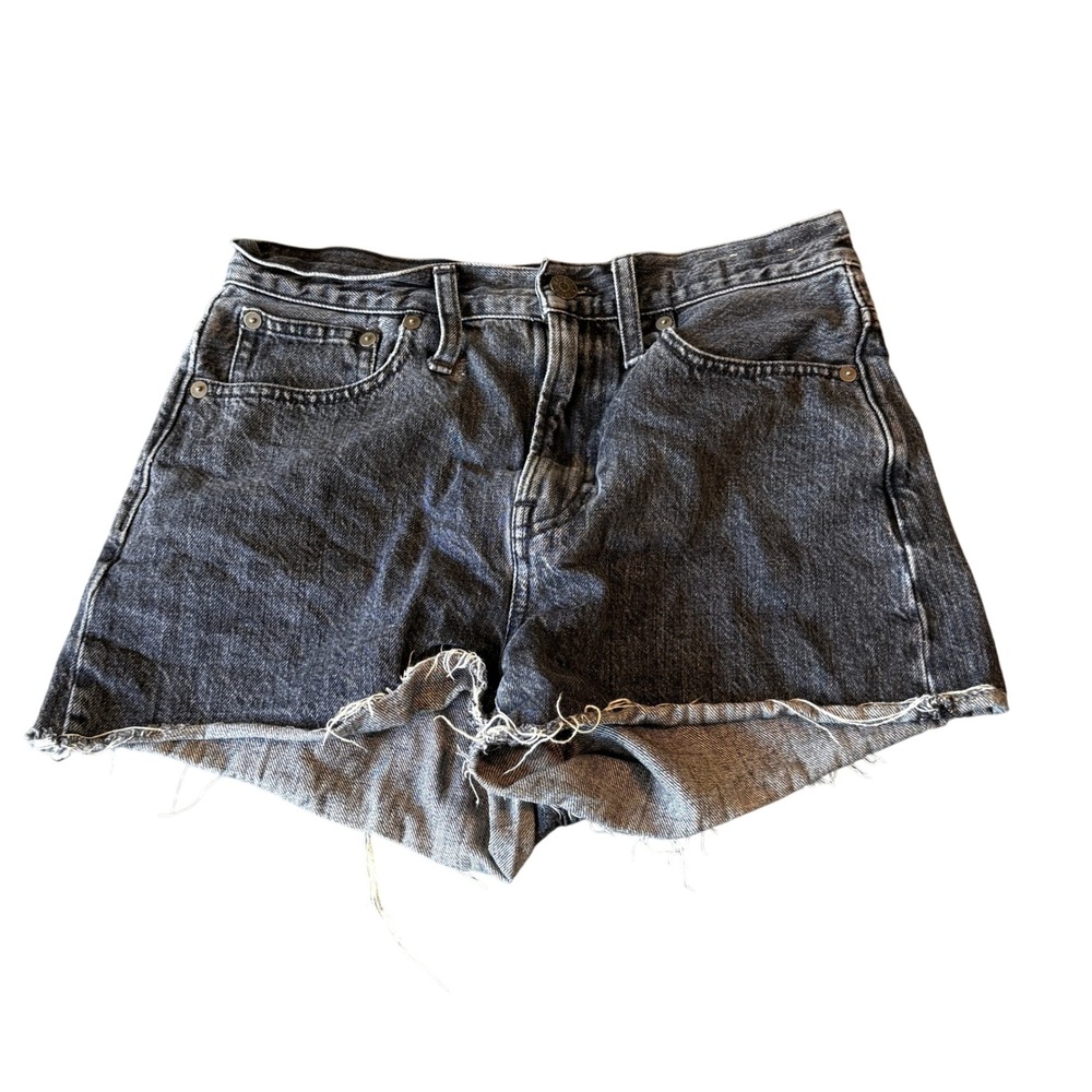 Madewell‎ The Perfect Jean Short Black Faded Denim Raw Hem High Rise Size 26